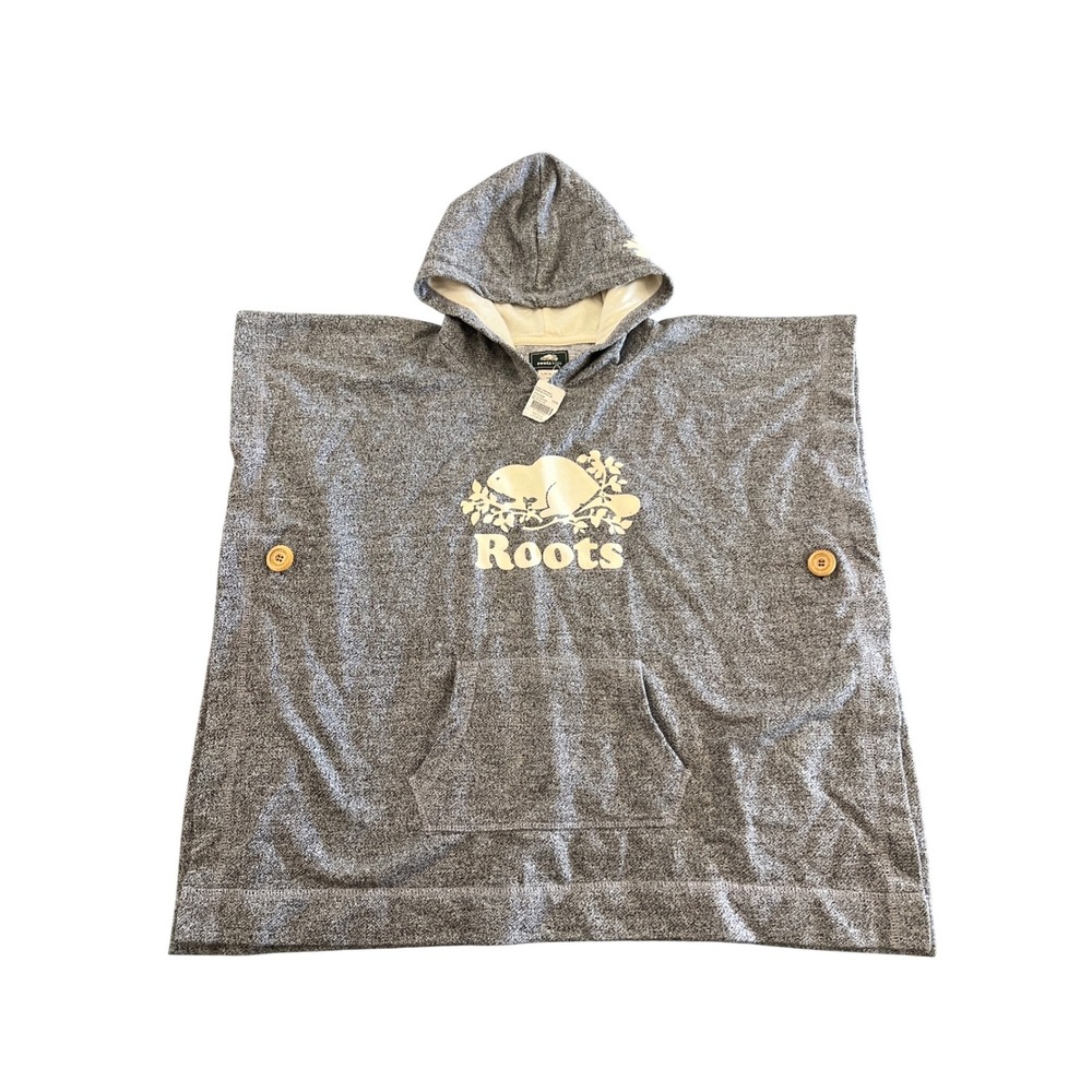 Roots Kids Girls Fleece Poncho Salt & Pepper Grey Hooded Logo L/XL NWT